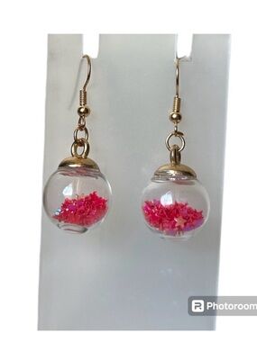 Handmade Glass Globe Dangle Earrings Pink Star Confetti Gold Hooks